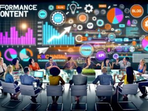 Marketing-Team entwickelt Performance Content an einem Tisch mit Laptops, Datencharts, Haftnotizen und moderner Analysesoftware, im Hintergrund große Datenvisualisierungen und Kanalsymbole.