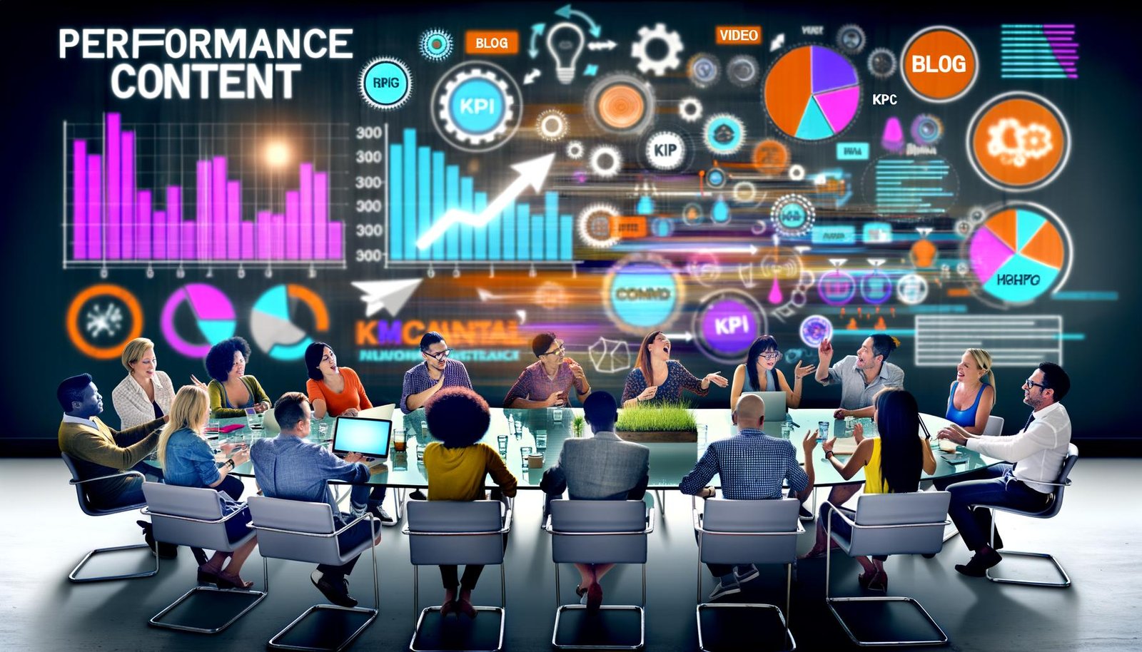 Marketing-Team entwickelt Performance Content an einem Tisch mit Laptops, Datencharts, Haftnotizen und moderner Analysesoftware, im Hintergrund große Datenvisualisierungen und Kanalsymbole.