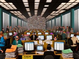 Überzeichneter retrofuturistischer Großraumbüro-Flur mit Papierbergen, alten Monitoren mit Excel, gestressten IT-Spezialist:innen, hektischen Manager:innen und einem grell erleuchteten Konferenzraum voller undurchsichtiger Dokumente.