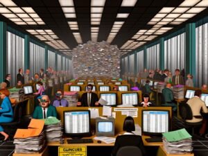 Überzeichneter retrofuturistischer Großraumbüro-Flur mit Papierbergen, alten Monitoren mit Excel, gestressten IT-Spezialist:innen, hektischen Manager:innen und einem grell erleuchteten Konferenzraum voller undurchsichtiger Dokumente.