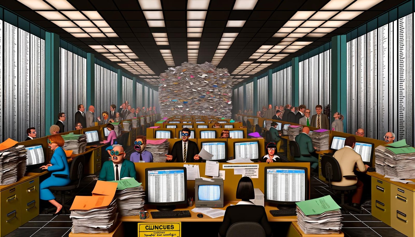 Überzeichneter retrofuturistischer Großraumbüro-Flur mit Papierbergen, alten Monitoren mit Excel, gestressten IT-Spezialist:innen, hektischen Manager:innen und einem grell erleuchteten Konferenzraum voller undurchsichtiger Dokumente.