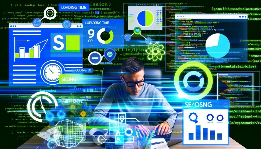 Dynamische Collage eines gestressten Marketers mit modernen SEO- und Analyse-Elementen, Keyword-Wolken und responsiven Geräten, farblich in Blau, Neon-Grün und Weiß gehalten für technischen Erfolg.