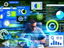 Dynamische Collage eines gestressten Marketers mit modernen SEO- und Analyse-Elementen, Keyword-Wolken und responsiven Geräten, farblich in Blau, Neon-Grün und Weiß gehalten für technischen Erfolg.