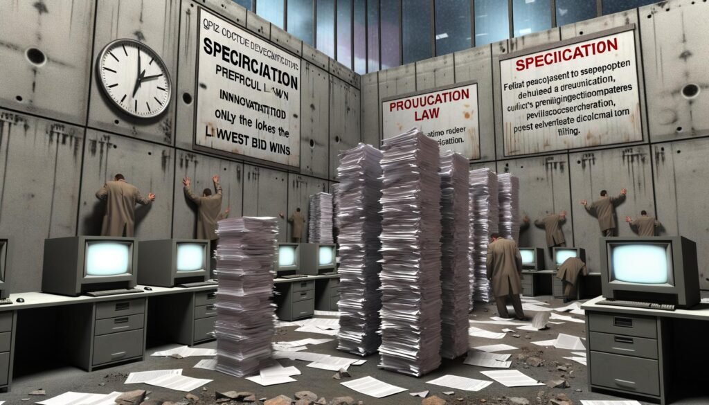 Überladene, dunkle Bürolandschaft mit hohen Papierstapeln, frustrierten Entwicklern und Managern vor einer Betonwand mit Schildern gegen Innovation und veralteten Computern.