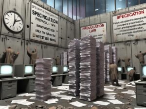 Überladene, dunkle Bürolandschaft mit hohen Papierstapeln, frustrierten Entwicklern und Managern vor einer Betonwand mit Schildern gegen Innovation und veralteten Computern.