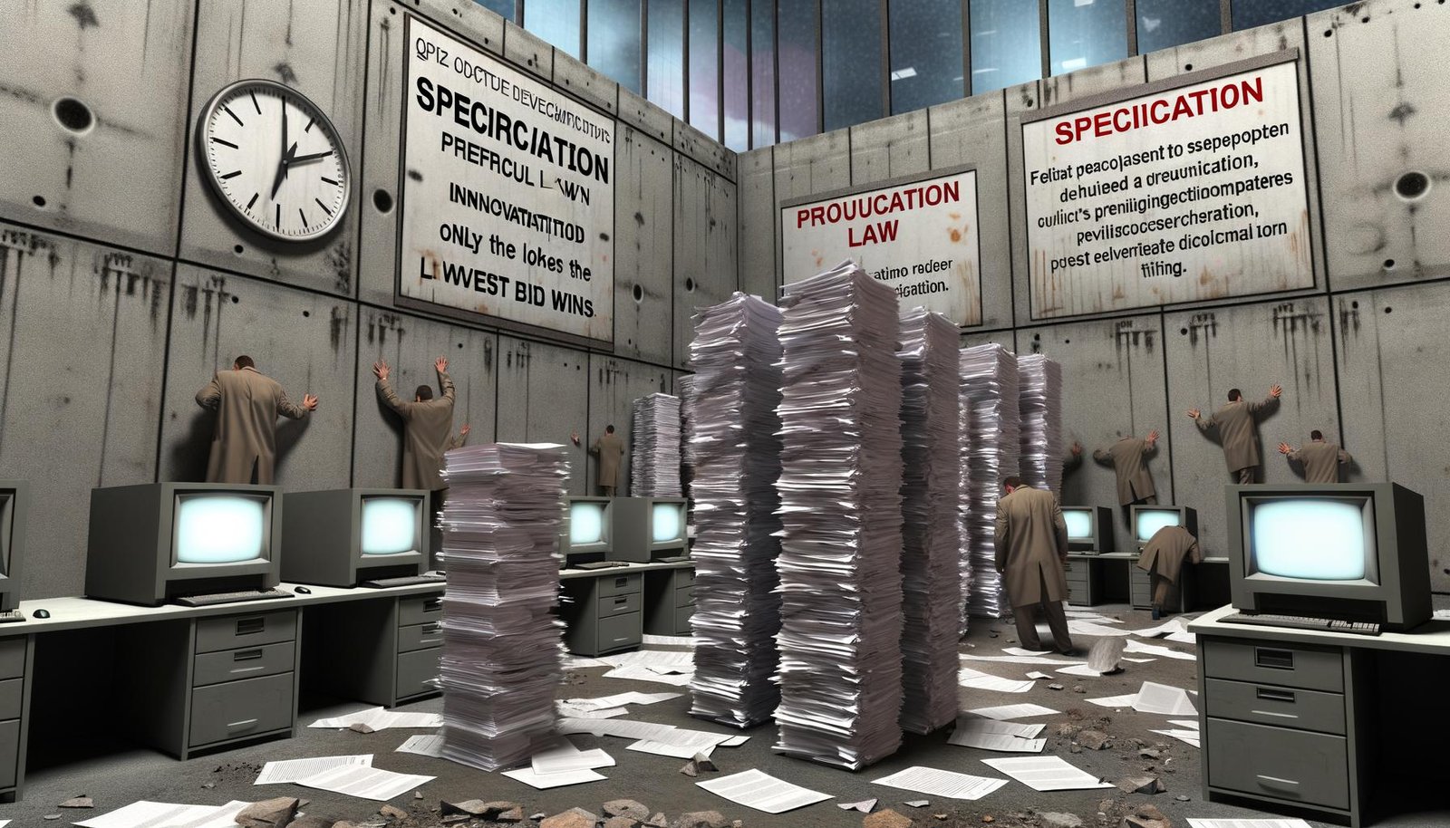Überladene, dunkle Bürolandschaft mit hohen Papierstapeln, frustrierten Entwicklern und Managern vor einer Betonwand mit Schildern gegen Innovation und veralteten Computern.