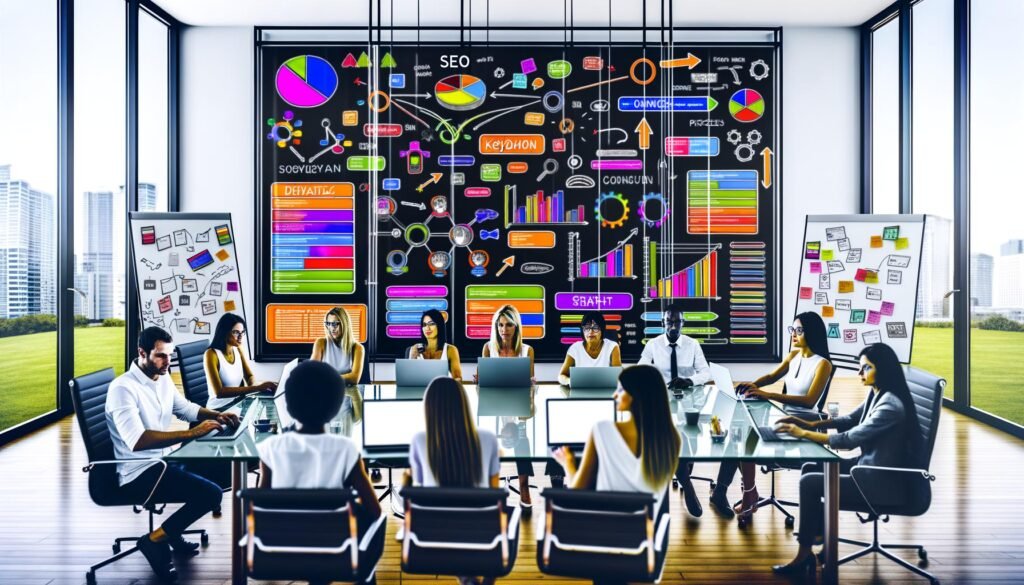 SEO-Experten am bunten Bildschirm mit Diagrammen, Keyword-Clustern und Content-Kalender in moderner Digitalagentur bei Datenanalyse und Strategieentwicklung.