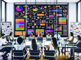 SEO-Experten am bunten Bildschirm mit Diagrammen, Keyword-Clustern und Content-Kalender in moderner Digitalagentur bei Datenanalyse und Strategieentwicklung.