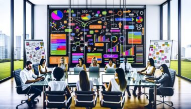 SEO-Experten am bunten Bildschirm mit Diagrammen, Keyword-Clustern und Content-Kalender in moderner Digitalagentur bei Datenanalyse und Strategieentwicklung.