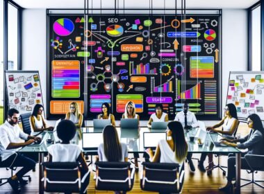 SEO-Experten am bunten Bildschirm mit Diagrammen, Keyword-Clustern und Content-Kalender in moderner Digitalagentur bei Datenanalyse und Strategieentwicklung.