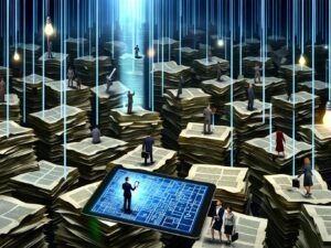 Geschäftsleute irren durch einen Dschungel aus Papierstapeln und Gesetzbüchern, während technikaffine Experten mit Tablets und leuchtenden Daten einen digitalen Pfad schaffen.