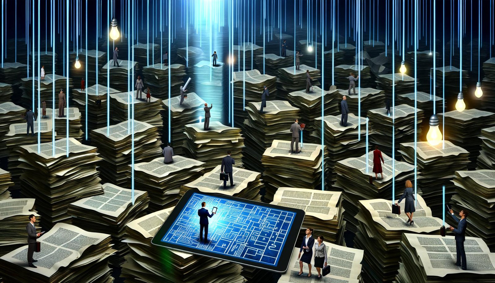 Geschäftsleute irren durch einen Dschungel aus Papierstapeln und Gesetzbüchern, während technikaffine Experten mit Tablets und leuchtenden Daten einen digitalen Pfad schaffen.