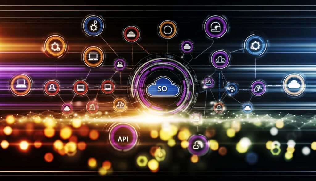 Abstrakte Illustration eines digitalen Kontrollzentrums mit Dashboard, Datenvisualisierungen und technisch vernetzten Symbolen für Cloud, SEO, Automatisierung, Teamwork und Multichannel-Distribution auf dunklem Interface.