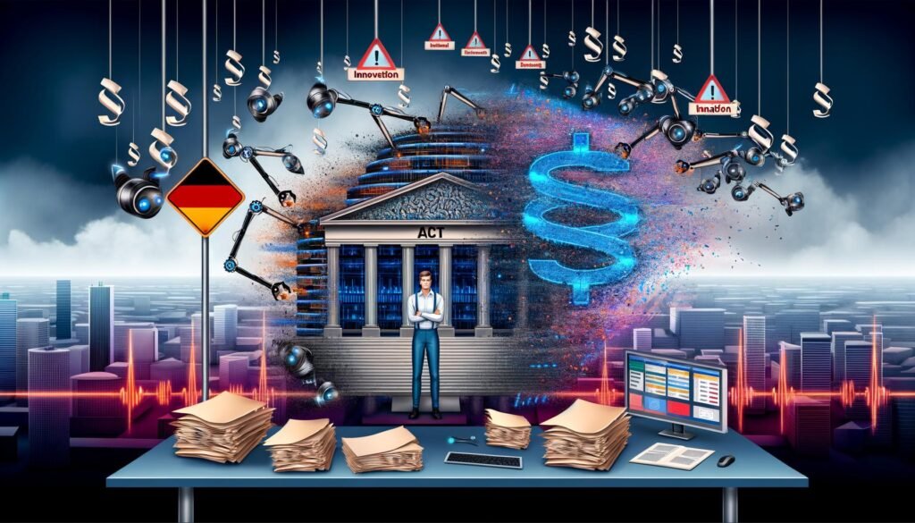 Dramatische Illustration einer deutschen Stadt mit KI-Symbolen, Paragrafenzeichen, Aktenstapeln und Gesetzen, die den Interessenkonflikt zwischen Regulierung und technologischem Fortschritt zeigen.