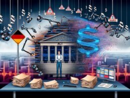 Dramatische Illustration einer deutschen Stadt mit KI-Symbolen, Paragrafenzeichen, Aktenstapeln und Gesetzen, die den Interessenkonflikt zwischen Regulierung und technologischem Fortschritt zeigen.