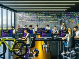 Futuristisches Open-Space-Büro mit Data Scientists und Machine-Learning-Engineers an Laptops, Monitoren mit Code und Tensors, Poster mit SQL-Tabellen und gelbem Rennrad im Hintergrund
