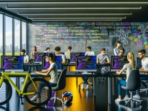Futuristisches Open-Space-Büro mit Data Scientists und Machine-Learning-Engineers an Laptops, Monitoren mit Code und Tensors, Poster mit SQL-Tabellen und gelbem Rennrad im Hintergrund
