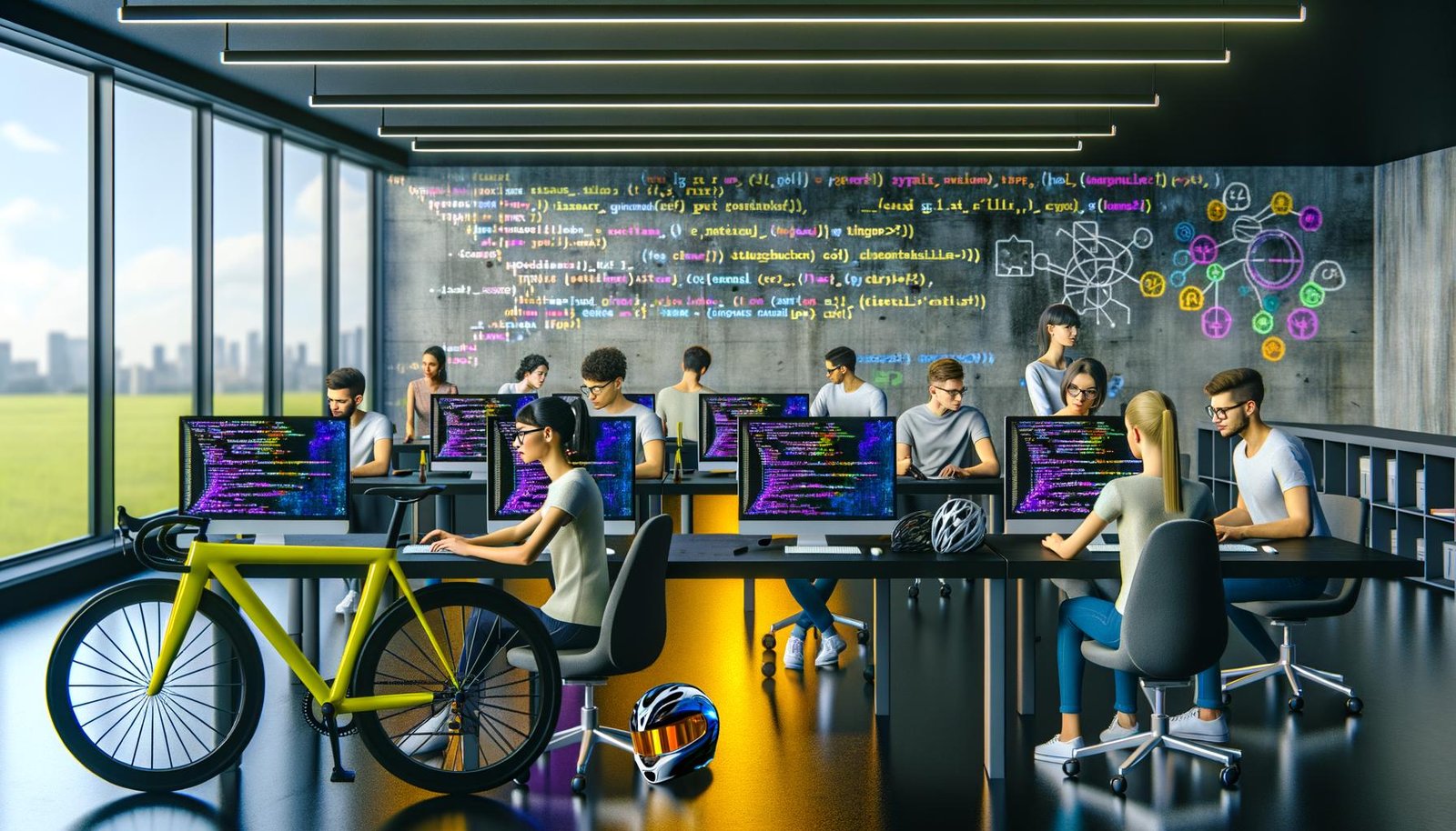 Futuristisches Open-Space-Büro mit Data Scientists und Machine-Learning-Engineers an Laptops, Monitoren mit Code und Tensors, Poster mit SQL-Tabellen und gelbem Rennrad im Hintergrund
