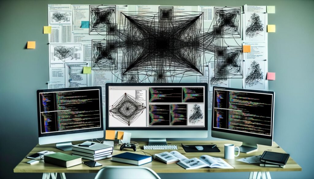 Moderner Arbeitsplatz mit Tensorflow-Code, neuronalen Netzwerkdiagrammen, Datenpipelines und Whiteboard voller Deep-Learning-Skizzen.