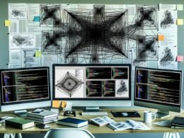 Moderner Arbeitsplatz mit Tensorflow-Code, neuronalen Netzwerkdiagrammen, Datenpipelines und Whiteboard voller Deep-Learning-Skizzen.