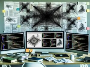 Moderner Arbeitsplatz mit Tensorflow-Code, neuronalen Netzwerkdiagrammen, Datenpipelines und Whiteboard voller Deep-Learning-Skizzen.