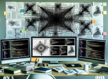 Moderner Arbeitsplatz mit Tensorflow-Code, neuronalen Netzwerkdiagrammen, Datenpipelines und Whiteboard voller Deep-Learning-Skizzen.