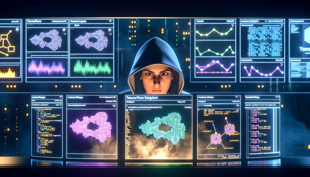 Dramatische Szene eines Data Scientists vor leuchtenden TensorFlow-Monitoren, visuelle Vergleiche zwischen Anfänger- und Profi-Code, modulare Deep-Learning-Architekturen, optimierte Datenpipelines und moderne TensorBoard-Dashboards für KI-Entwicklung.