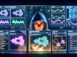 Dramatische Szene eines Data Scientists vor leuchtenden TensorFlow-Monitoren, visuelle Vergleiche zwischen Anfänger- und Profi-Code, modulare Deep-Learning-Architekturen, optimierte Datenpipelines und moderne TensorBoard-Dashboards für KI-Entwicklung.