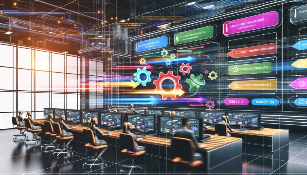 Technisch inspirierter Maschinenraum mit Personen an Dashboards, farbigen Datenströmen und Workstations, die Automatisierung und Tools wie Directus, Webhooks und Slack visualisieren.