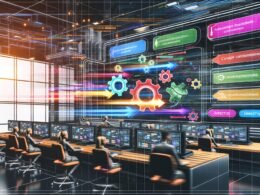 Technisch inspirierter Maschinenraum mit Personen an Dashboards, farbigen Datenströmen und Workstations, die Automatisierung und Tools wie Directus, Webhooks und Slack visualisieren.