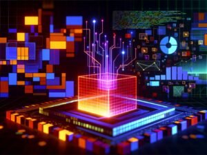 Dynamisches Tech-Titelbild mit TensorFlow-Code, leuchtenden Datenströmen, geometrischen Modulen und verflochtenen Marketing-Datenquellen auf digitalem Hintergrund.