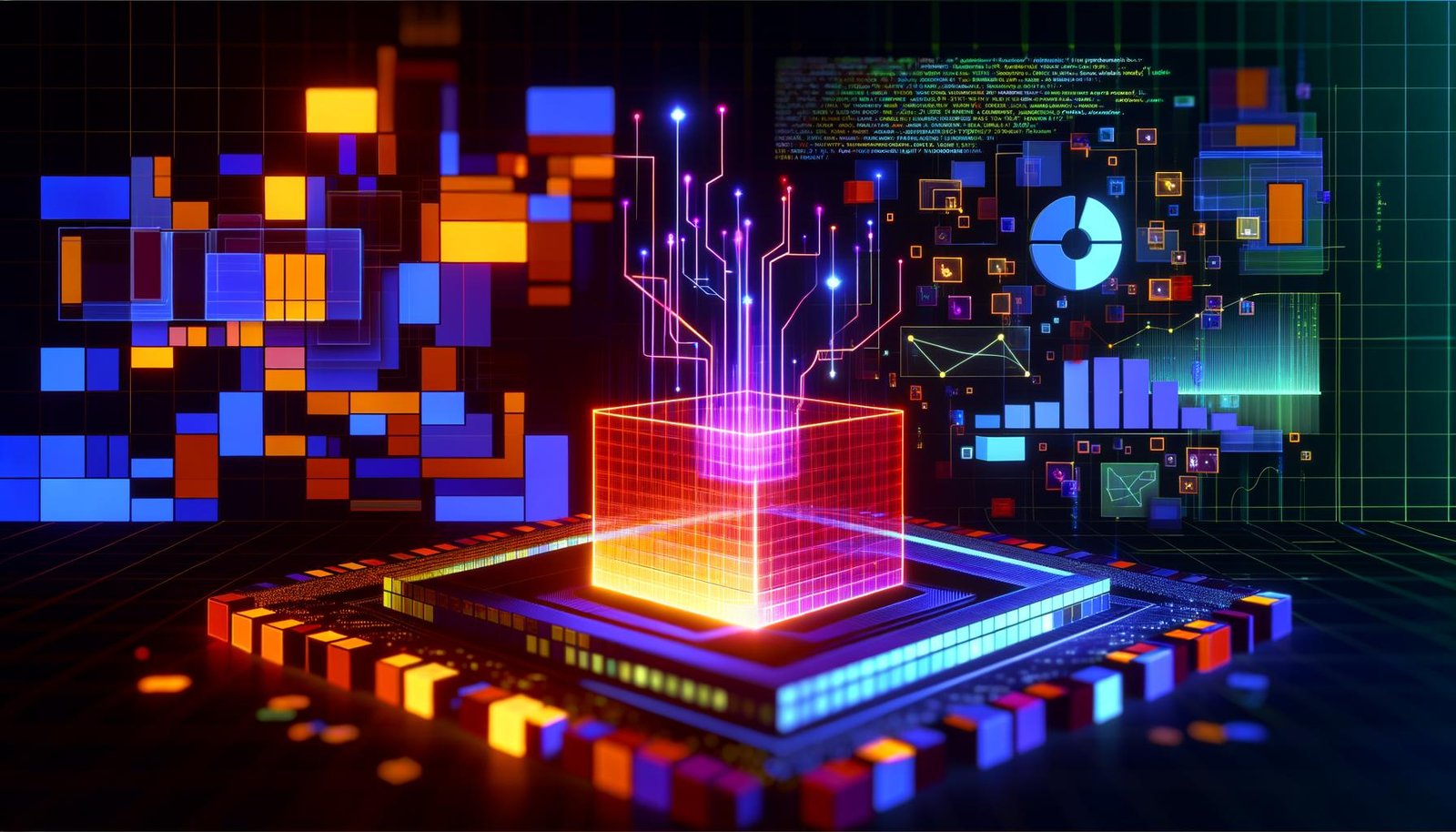 Dynamisches Tech-Titelbild mit TensorFlow-Code, leuchtenden Datenströmen, geometrischen Modulen und verflochtenen Marketing-Datenquellen auf digitalem Hintergrund.