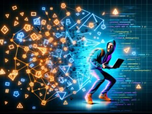 Modernes Titelbild für das TensorFlow-Tutorial: Leuchtender, geometrischer Tensor-Graph, Entwickler mit Hoodie und Laptop, umgeben von Datenströmen, Buzzwords, glühenden Code-Zeilen und KI-Symbolen.