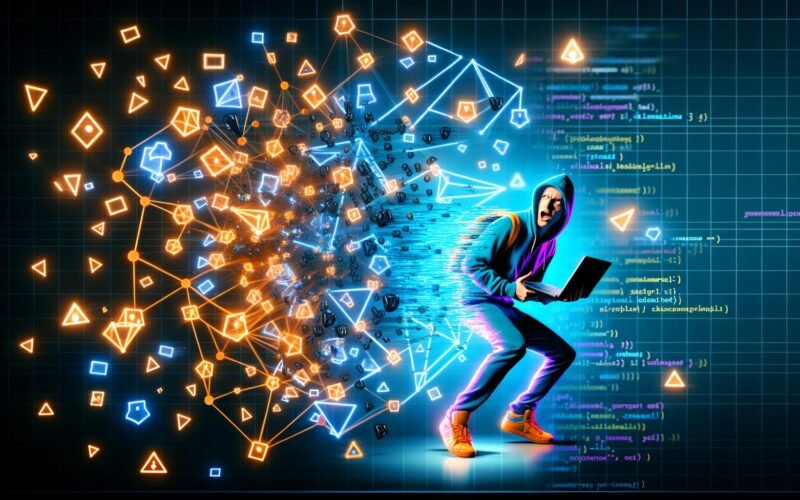 Modernes Titelbild für das TensorFlow-Tutorial: Leuchtender, geometrischer Tensor-Graph, Entwickler mit Hoodie und Laptop, umgeben von Datenströmen, Buzzwords, glühenden Code-Zeilen und KI-Symbolen.