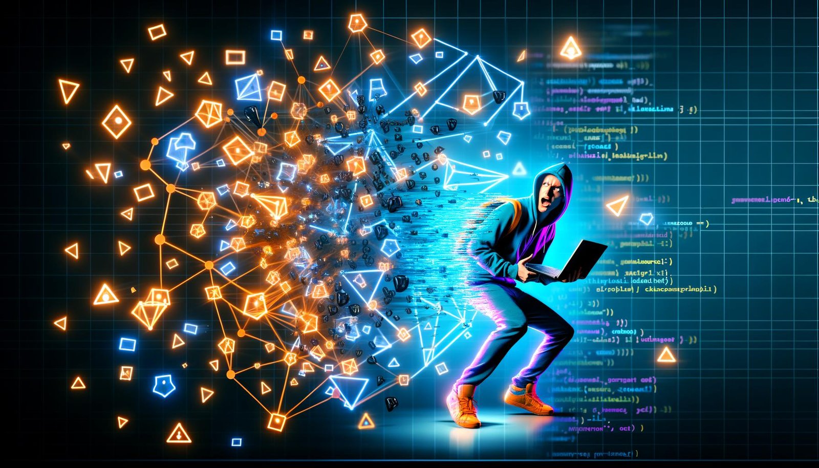 Modernes Titelbild für das TensorFlow-Tutorial: Leuchtender, geometrischer Tensor-Graph, Entwickler mit Hoodie und Laptop, umgeben von Datenströmen, Buzzwords, glühenden Code-Zeilen und KI-Symbolen.