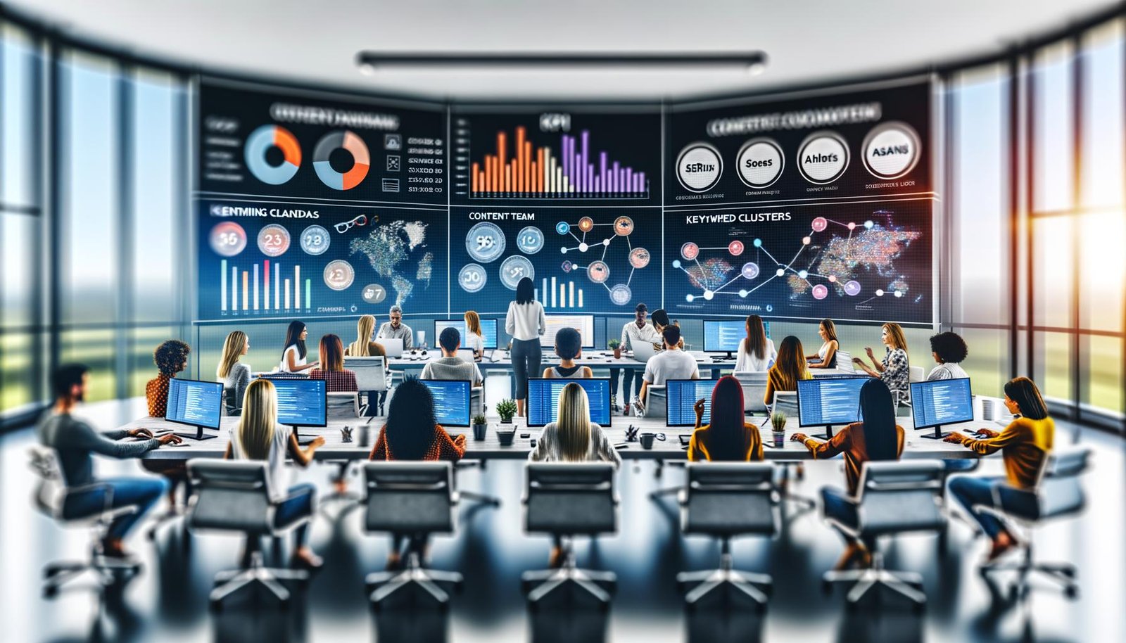 Dynamisches Content-Team an einem modernen Arbeitsplatz mit mehreren Monitoren, die SEO-Kennzahlen, Sichtbarkeitskurven, Prioritätenlisten und digitale Tools wie SEMrush und Asana zeigen.