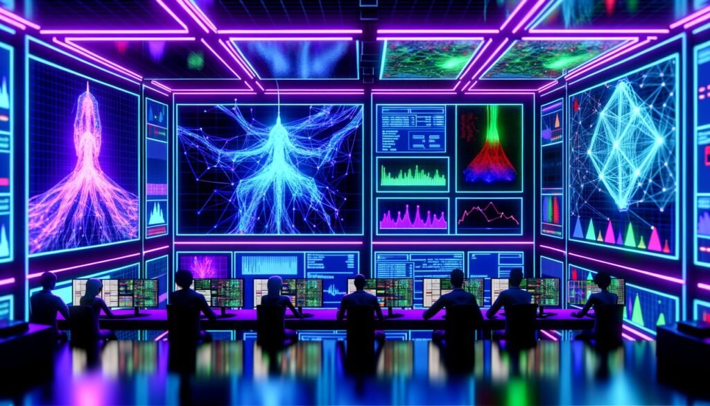 Data Scientists analysieren in einem futuristischen Kontrollraum holographische neuronale Netzwerke mit TensorFlow- und TensorBoard-Dashboards.