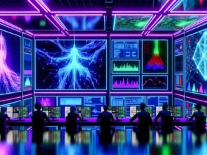 Data Scientists analysieren in einem futuristischen Kontrollraum holographische neuronale Netzwerke mit TensorFlow- und TensorBoard-Dashboards.