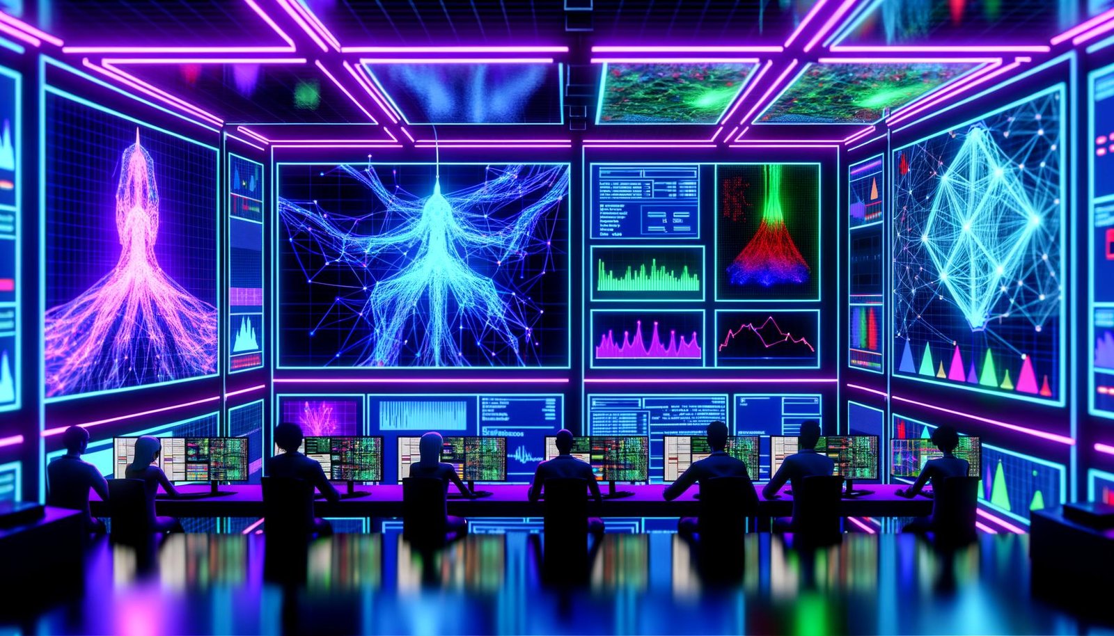 Data Scientists analysieren in einem futuristischen Kontrollraum holographische neuronale Netzwerke mit TensorFlow- und TensorBoard-Dashboards.