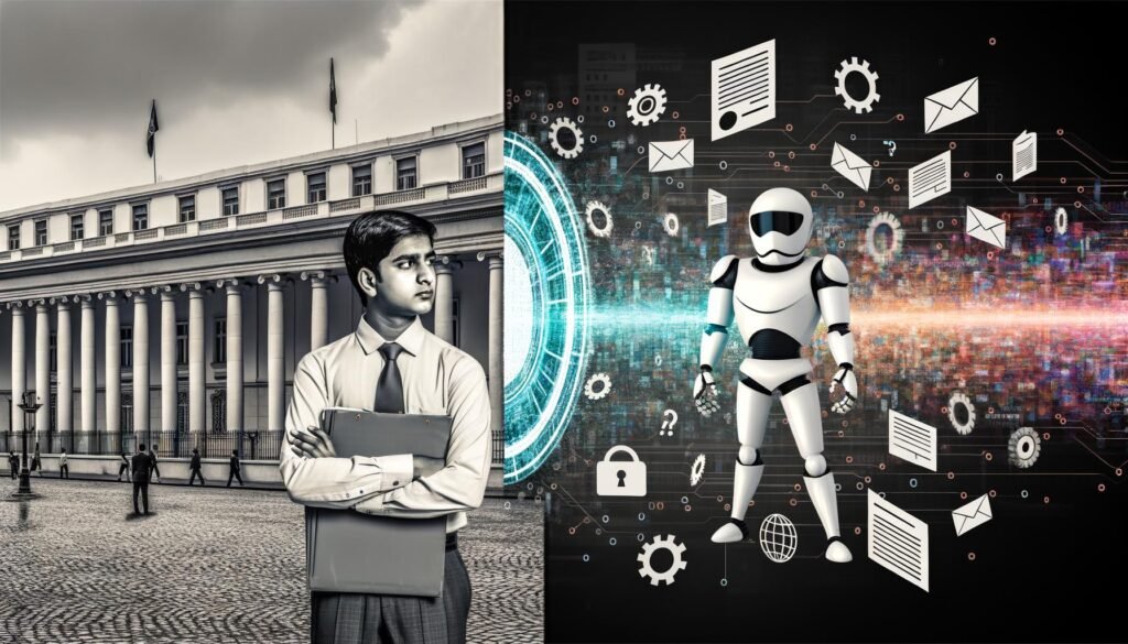 Split-Screen-Illustration eines skeptischen Ingenieurs vor Berliner Regierungsgebäude und einer bunten, global inspirierten Tech-Landschaft mit KI-Robotern und Datenschutz-Siegel.