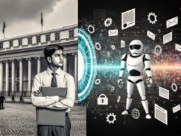 Split-Screen-Illustration eines skeptischen Ingenieurs vor Berliner Regierungsgebäude und einer bunten, global inspirierten Tech-Landschaft mit KI-Robotern und Datenschutz-Siegel.