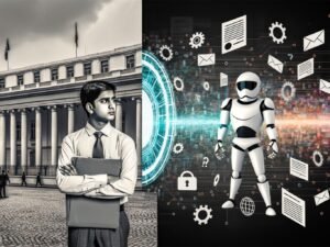 Split-Screen-Illustration eines skeptischen Ingenieurs vor Berliner Regierungsgebäude und einer bunten, global inspirierten Tech-Landschaft mit KI-Robotern und Datenschutz-Siegel.