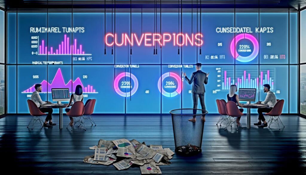 Marketer in einem modernen Büro umgeben von transparenten Bildschirmen mit Datenvisualisierungen, Funnelgrafiken und wichtigen KPIs, während alte Berichte im Mülleimer liegen und eine neonbeleuchtete Konversionsgrafik im Mittelpunkt steht.