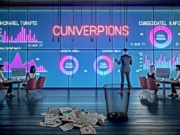 Marketer in einem modernen Büro umgeben von transparenten Bildschirmen mit Datenvisualisierungen, Funnelgrafiken und wichtigen KPIs, während alte Berichte im Mülleimer liegen und eine neonbeleuchtete Konversionsgrafik im Mittelpunkt steht.