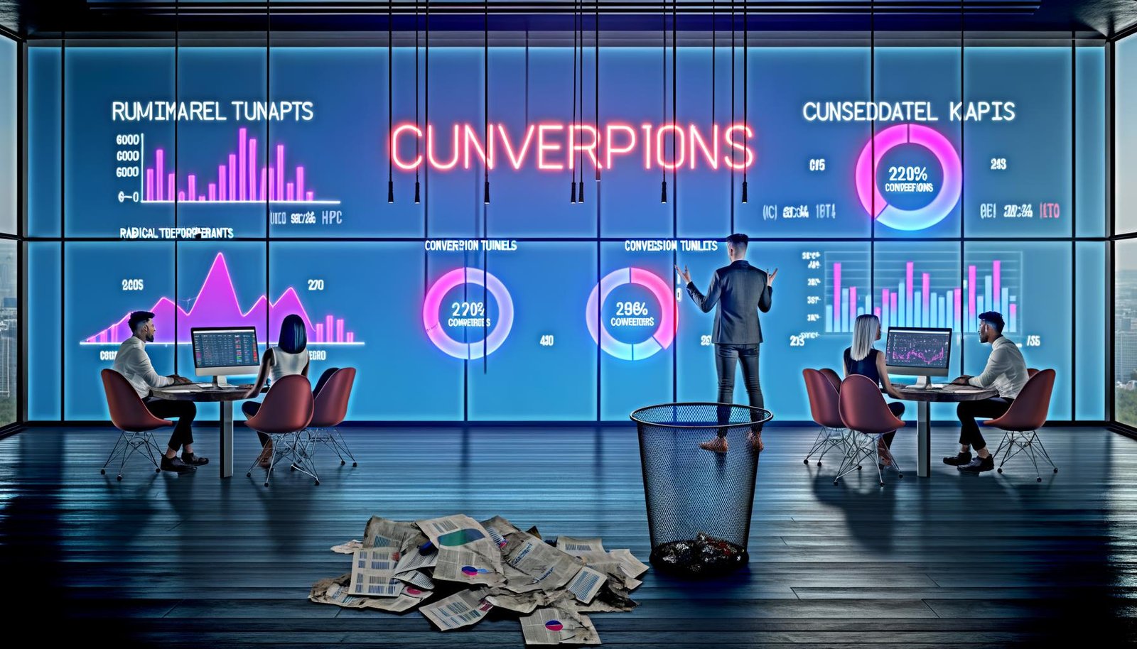 Marketer in einem modernen Büro umgeben von transparenten Bildschirmen mit Datenvisualisierungen, Funnelgrafiken und wichtigen KPIs, während alte Berichte im Mülleimer liegen und eine neonbeleuchtete Konversionsgrafik im Mittelpunkt steht.