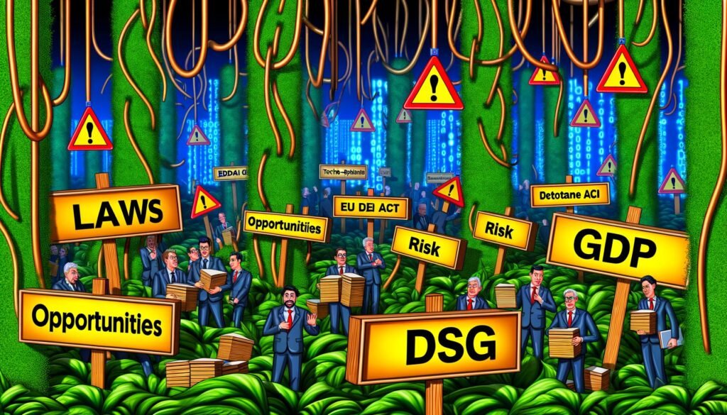 Satirische Szene mit überforderten deutschen Beamten, techno-optimistischen Unternehmern, Datenschützern und verschlungenen KI-Kabeln in einem dichten Dschungel aus Gesetzesschildern, im Hintergrund leuchtende KI-Systeme mit Chancen- und Risiko-Hinweisen.