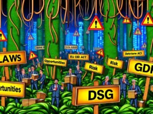 Satirische Szene mit überforderten deutschen Beamten, techno-optimistischen Unternehmern, Datenschützern und verschlungenen KI-Kabeln in einem dichten Dschungel aus Gesetzesschildern, im Hintergrund leuchtende KI-Systeme mit Chancen- und Risiko-Hinweisen.