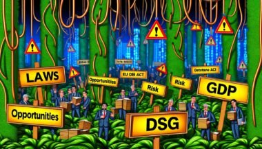 Satirische Szene mit überforderten deutschen Beamten, techno-optimistischen Unternehmern, Datenschützern und verschlungenen KI-Kabeln in einem dichten Dschungel aus Gesetzesschildern, im Hintergrund leuchtende KI-Systeme mit Chancen- und Risiko-Hinweisen.