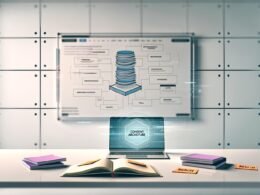 Moderner Arbeitsplatz mit Laptop, Content-Plan-Board, Notizen und grafischer Darstellung von SEO-Strategien am Bildschirm.