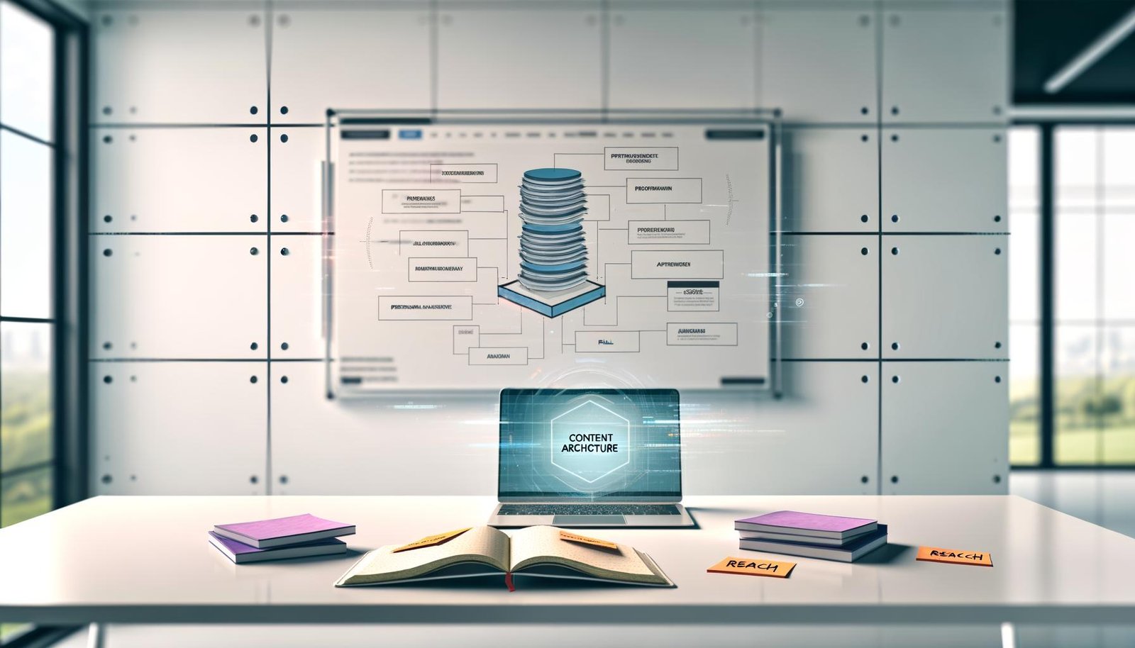 Moderner Arbeitsplatz mit Laptop, Content-Plan-Board, Notizen und grafischer Darstellung von SEO-Strategien am Bildschirm.